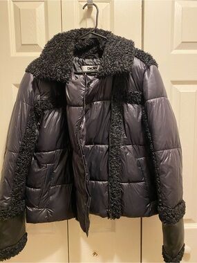 DKNY Black Puffer Jacket with Sherpa Trim